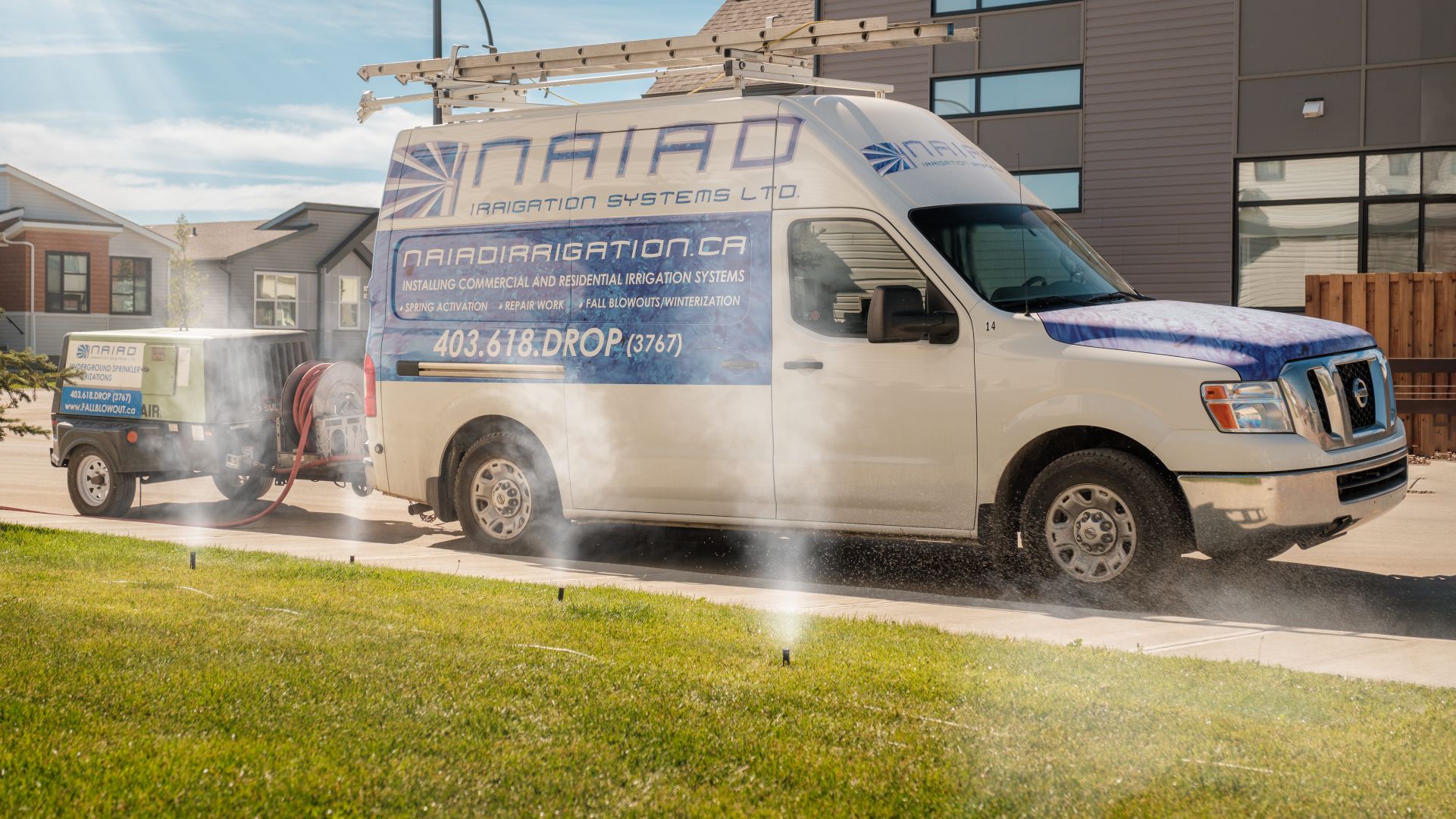 Fall blowout winterization of underground sprinklers with naiad irrigation systems service van 2 edited scaled