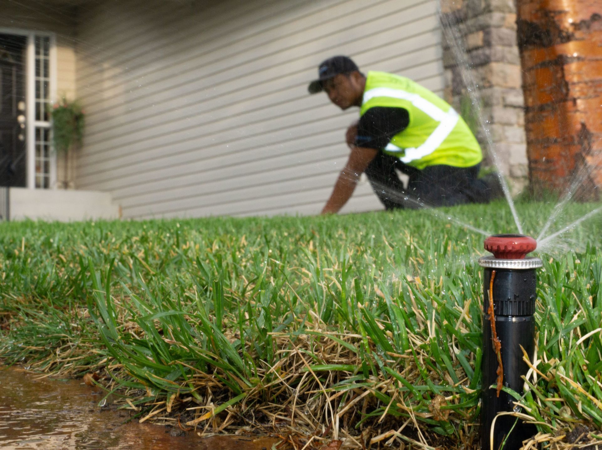 Rotor nozzle on a spray body sprinkler head in a green lawn with naiad irrigation systems service technician edited scaled 1 scaled