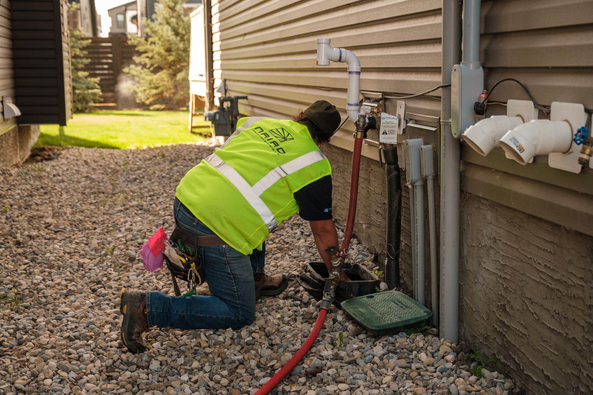 A Naiad technician kneels by an in-ground sprinkler valve box to open the control valves for winterization.